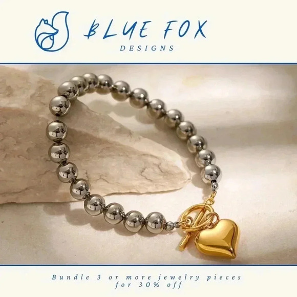 Fashion Jewelry Jewelry - *NEW*  18K Gold Plated Stainless Steel Two Tone Toggle Bracelet & Heart Pendant